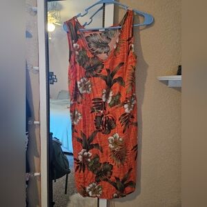 Womens Hawaiian print orange dress. Small beaded tie front. Size small